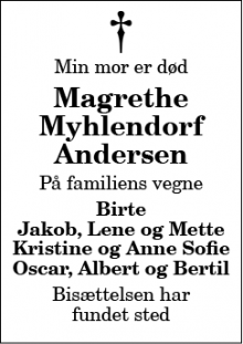 Dødsannoncen for Magrethe Myhlendorf Andersen - Aalborg