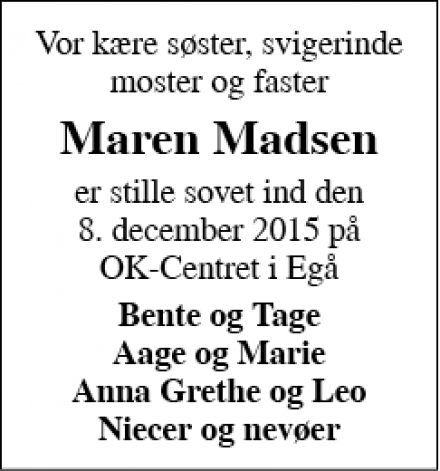 Dødsannoncen for Maren Madsen - Egå