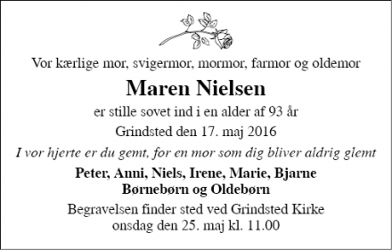 Dødsannoncen for Maren Nielsen - Grindsted