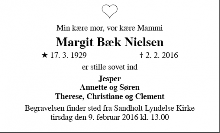 Dødsannoncen for Margit Bæk Nielsen - Sandholt Lyndelse