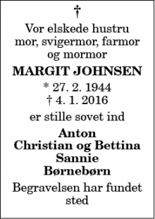 Dødsannoncen for Margit Johnsen - Sindal