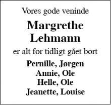Dødsannoncen for Margrethe Lehmann - Ringkøbing