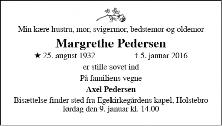 Dødsannoncen for Margrethe Pedersen - Vinderup