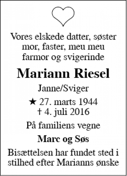 Dødsannoncen for Mariann Riesel - Hørsholm