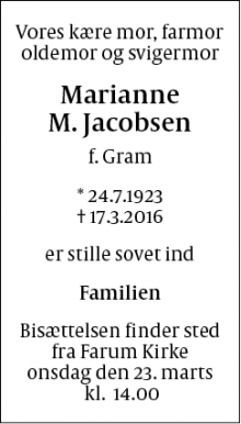 Dødsannoncen for Marianne M. Jacobsen - Farum