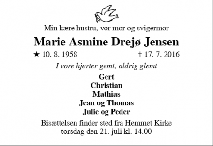 Dødsannoncen for Marie Asmine Drejø Jensen - Hemmet