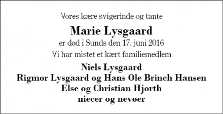 Dødsannoncen for Marie Lysgaard - Vinderup
