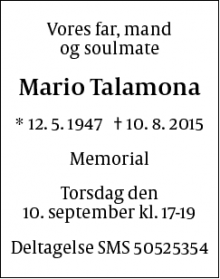 Dødsannoncen for Mario Talamona - Gubbio