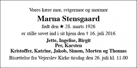 Dødsannoncen for Marna Stensgaard - Nykøbing M
