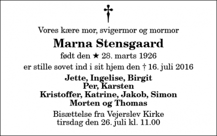 Dødsannoncen for Marna Stensgaard - Nykøbing M