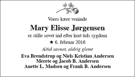Dødsannoncen for Mary Elisse Jørgensen - Ringkøbing