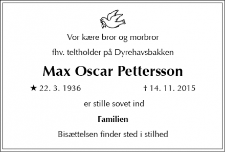 Dødsannoncen for Max Oscar Pettersson - Skodsborg