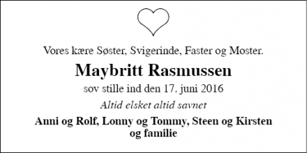 Dødsannoncen for Maybritt Rasmussen - Odense