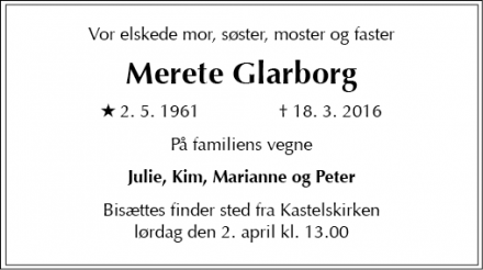 Dødsannoncen for Merete Glarborg - Værløse