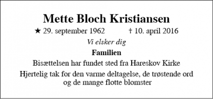 Dødsannoncen for Mette Bloch Kristiansen - Værløse
