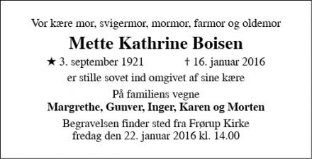 Dødsannoncen for Mette Kathrine Boisen - Christiansfeld