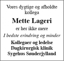 Dødsannoncen for Mette Lageri - Sønderborg