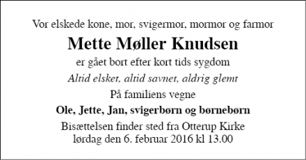 Dødsannoncen for Mette Møller Knudsen - Otterup