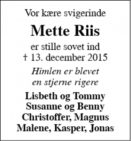 Dødsannoncen for Mette Riis - Ikast