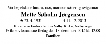 Dødsannoncen for Mette Søholm Jørgensen - Gilleleje