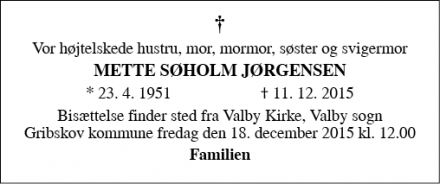 Dødsannoncen for Mette Søholm Jørgensen - Gilleleje