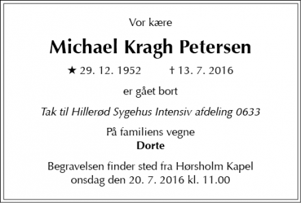 Dødsannoncen for Michael Kragh Petersen - Rungsted Kyst