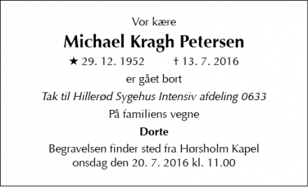 Dødsannoncen for Michael Kragh Petersen - Rungsted Kyst