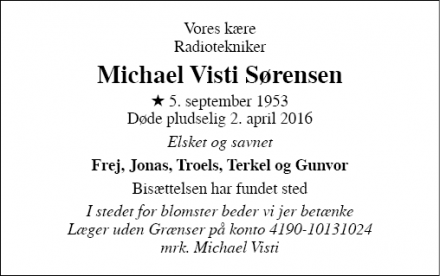 Dødsannoncen for Michael Visti Sørensen - Nakskov