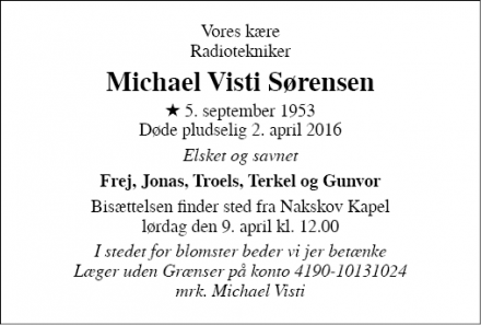 Dødsannoncen for Michael Visti Sørensen - Nakskov
