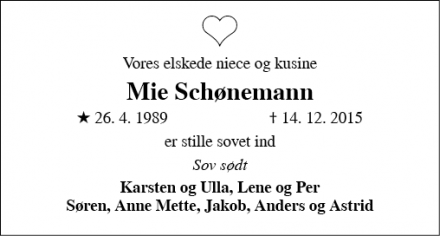 Dødsannoncen for Mie Schønemann - Århus