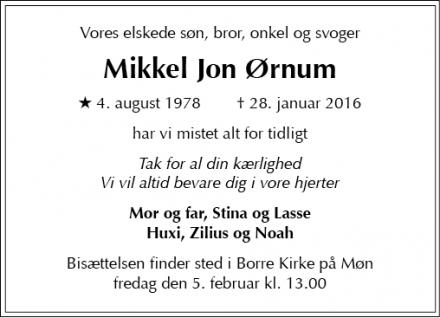 Dødsannoncen for Mikkel Jon Ørnum - Klintholm Havn, Borre - Møn