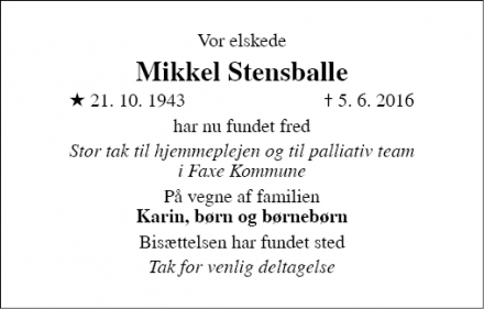 Dødsannoncen for Mikkel Stensballe  - Faxe 