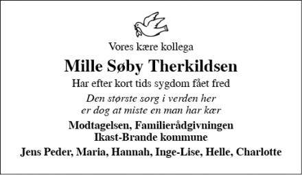 Dødsannoncen for Mille Søby Therkildsen - Brande