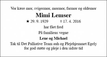 Dødsannoncen for Mimi Lemser - Århus