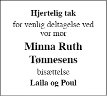Dødsannoncen for Minna Ruth Tønnesens - Barrit