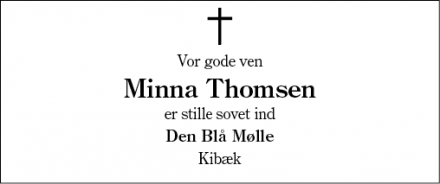 Dødsannoncen for Minna Thomsen - Kibæk