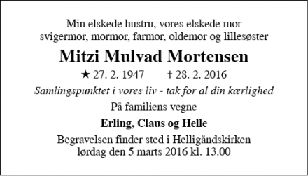 Dødsannoncen for Mitzi Mulvad Mortensen - Århus v