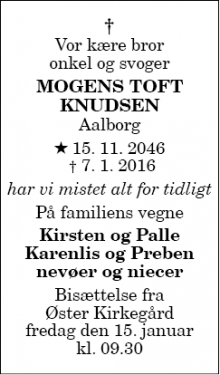 Dødsannoncen for Mogens Toft Knudsen - Aalborg