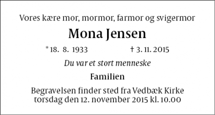 Dødsannoncen for Mona Jensen - Nærum