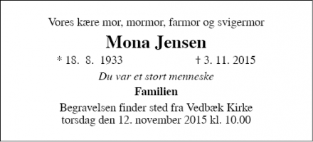 Dødsannoncen for Mona Jensen - Nærum