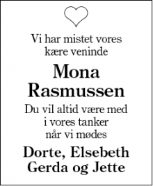 Dødsannoncen for Mona Rasmussen - Snejbjerg, Herning