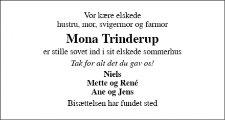 Dødsannoncen for Mona Trinderup - Skals