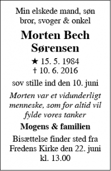 Dødsannoncen for Morten Bech Sørensen - Odense