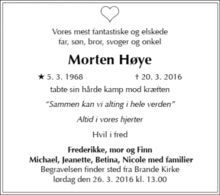 Dødsannoncen for Morten Høye - Brande