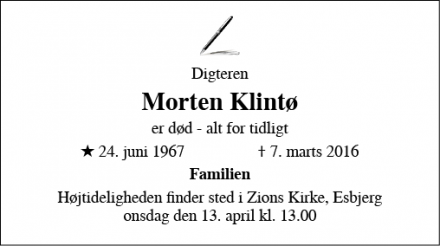 Dødsannoncen for Morten Klintø - Esbjerg