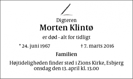 Dødsannoncen for Morten Klintø - Esbjerg