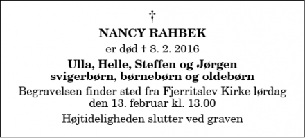 Dødsannoncen for Nancy Rahbek - Fjerritslev