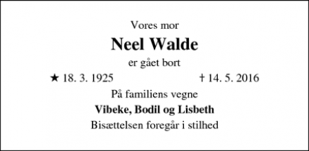 Dødsannoncen for Neel Walde - Aarhus
