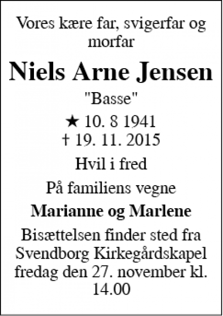 Dødsannoncen for Niels Arne Jensen - Svendborg