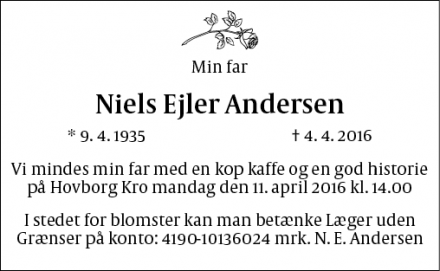 Dødsannoncen for Niels Ejler Andersen - Astrup ved Skjern